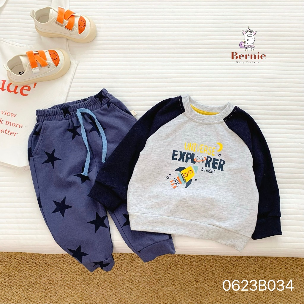 Bộ thu đông bé trai bé gái tàu vũ trụ Bernie - Bộ dài tay bé trai bé gái nỉ da cá cho bé từ 9-23kg - 0623B034