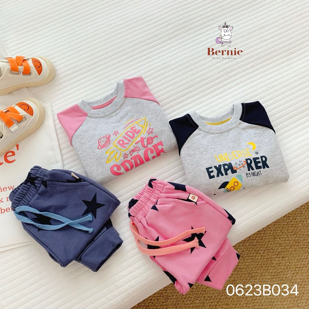 Bộ thu đông bé trai bé gái tàu vũ trụ Bernie - Bộ dài tay bé trai bé gái nỉ da cá cho bé từ 9-23kg - 0623B034