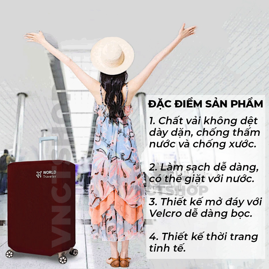 Túi bọc vali chống trầy xước vnctshop, vỏ bao trùm vali hành lý du lịch vải chống nước áo size 24/28/20