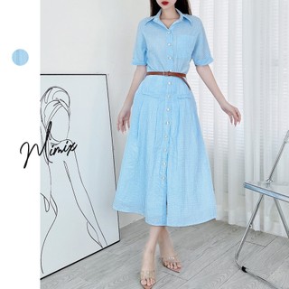 Đầm Sơ Mi MIMIX Nữ Sọc Xanh Tay Lật Tặng Kèm Thắt Lưng Chất Kate Sọc Nhún DP9190
