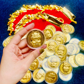 Xu Lá Vàng Rồng Thần Tài May Mắn + Túi Gấm Phúc Lộc