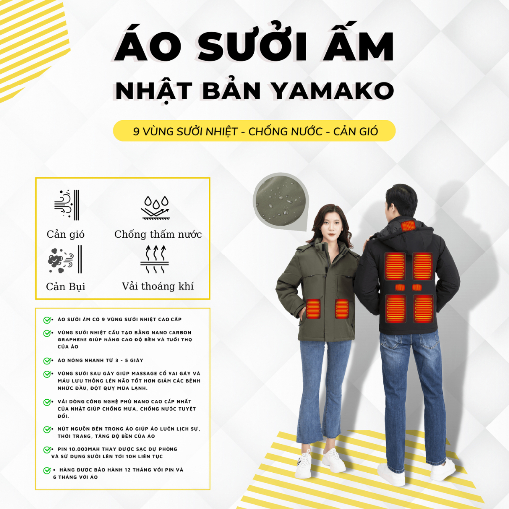 Áo sưởi ấm siêu nhẹ Yamako Nhật Bản không pin chống nước và không nhăn
