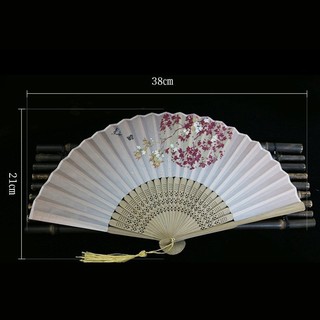 Quạt cổ phong hồng đào nở xếp nhỏ gọn cầm tay quà tặng xinh xắn phong cách Trung Quốc vải lụa in hoa