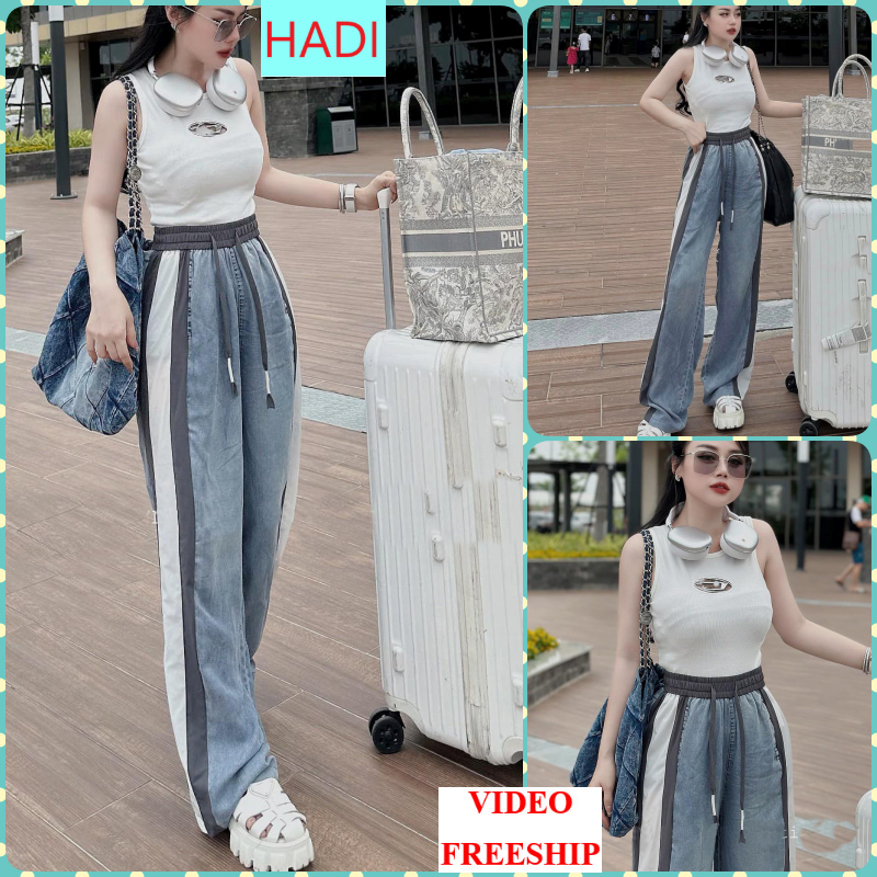 QUẦN JEANS ỐNG RỘNG NỮ LƯNG THUN PHỐI DÂY SỌC BẢN TRẮNG KÈM XÁM HÔNG LAI CUỐN XANH NHẠT CÁ TÍNH