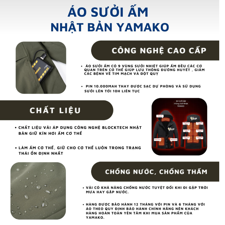 Áo sưởi ấm siêu nhẹ Yamako Nhật Bản không pin chống nước và không nhăn