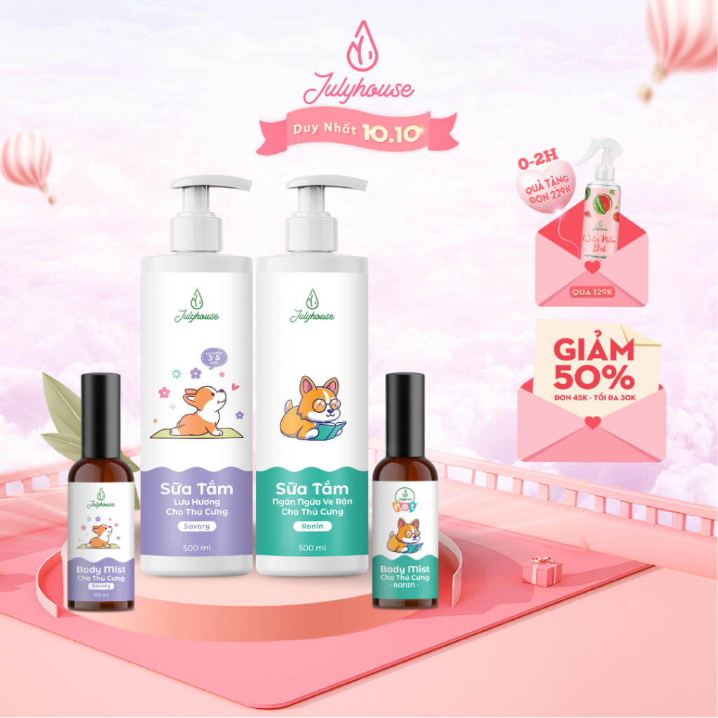 Combo Sữa tắm cho chó mèo 150ml/500ml và Xịt thơm dưỡng lông bodymist cho chó mèo 100ml Julyhouse