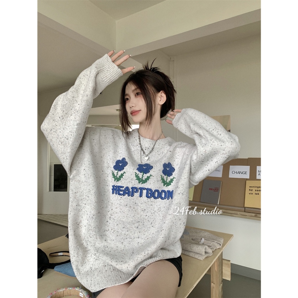 Áo len hoa xám tiêu form rộng phong cách ulzzang Hàn Quốc