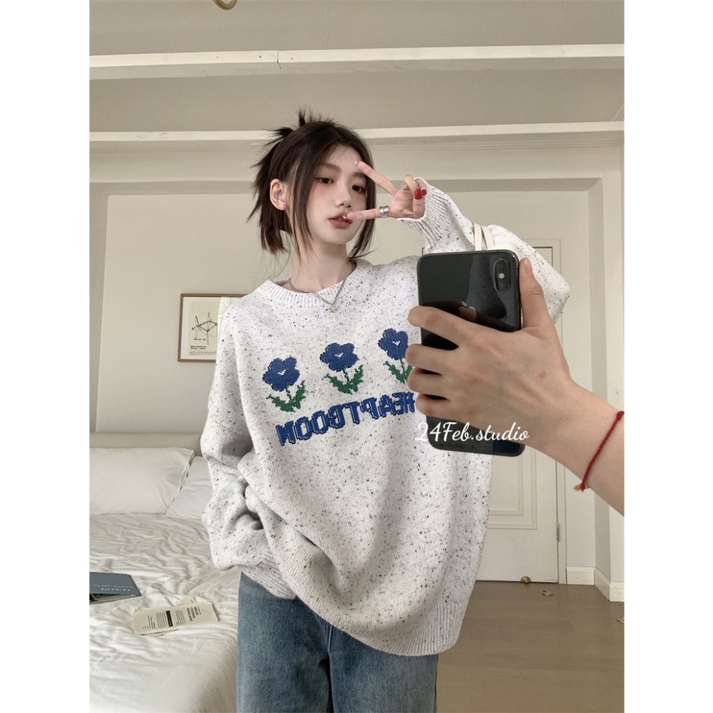 Áo len hoa xám tiêu form rộng phong cách ulzzang Hàn Quốc