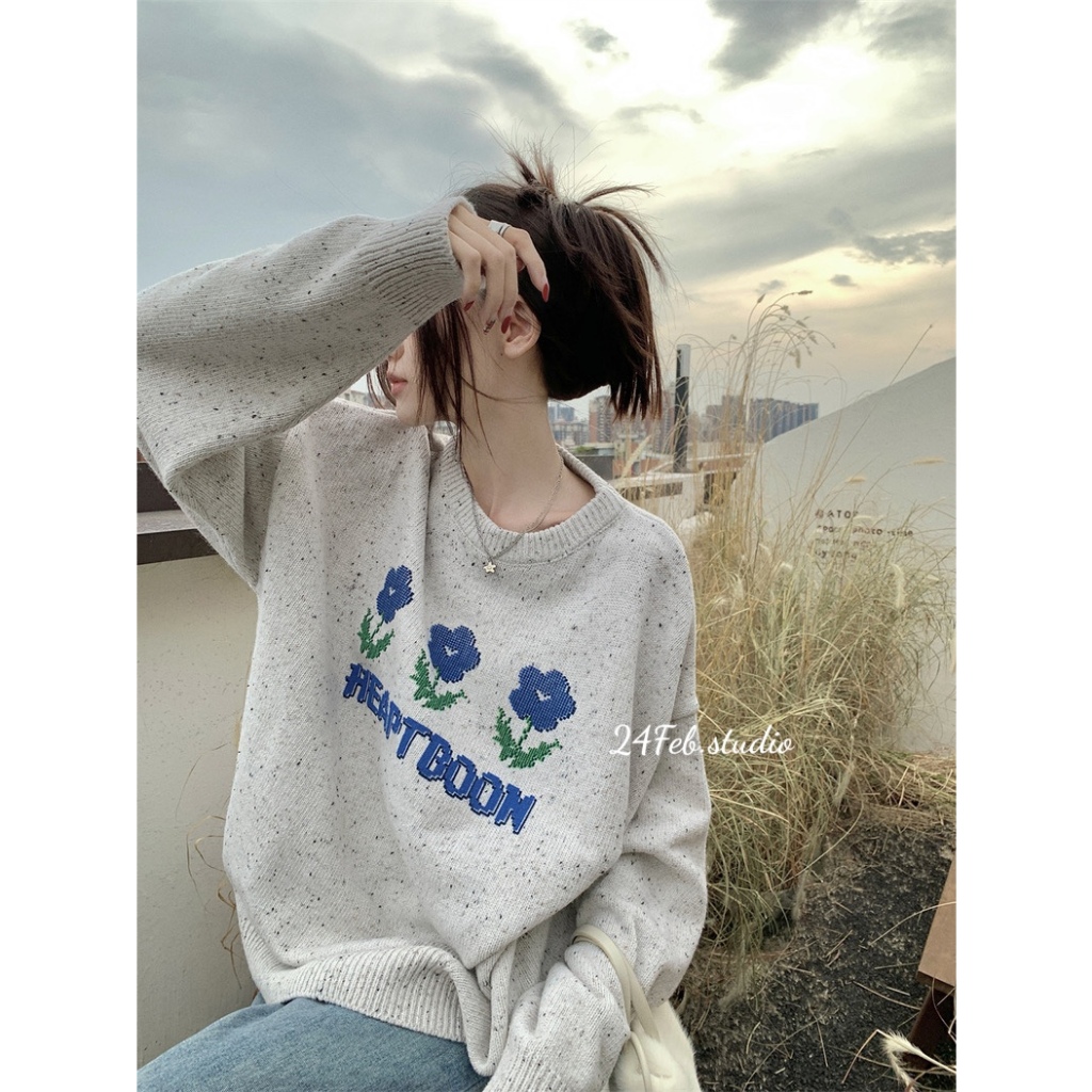 Áo len hoa xám tiêu form rộng phong cách ulzzang Hàn Quốc