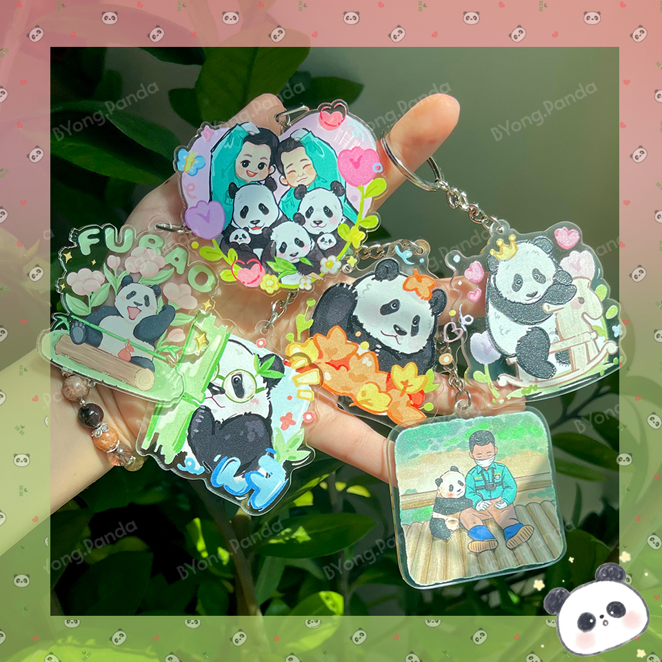 Móc Khóa Đỉnh Lưu Gấu Trúc Panda Hoa Hoa Manh Lan Fubao Thất Tử Nhựa Cứng Mica | Móc Dễ Thương BYong