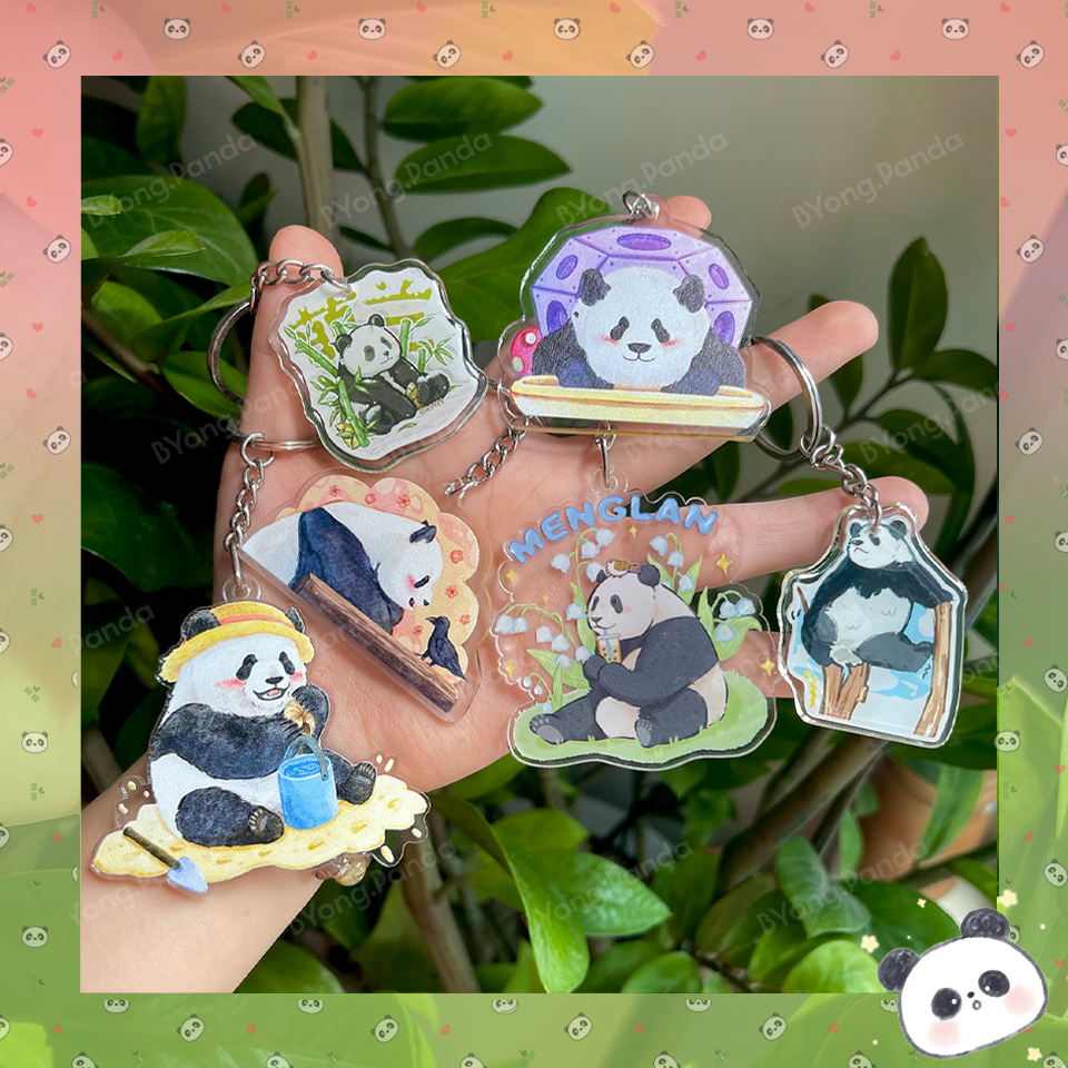 Móc Khóa Đỉnh Lưu Gấu Trúc Panda Hoa Hoa Manh Lan Fubao Thất Tử Nhựa Cứng Mica | Móc Dễ Thương BYong