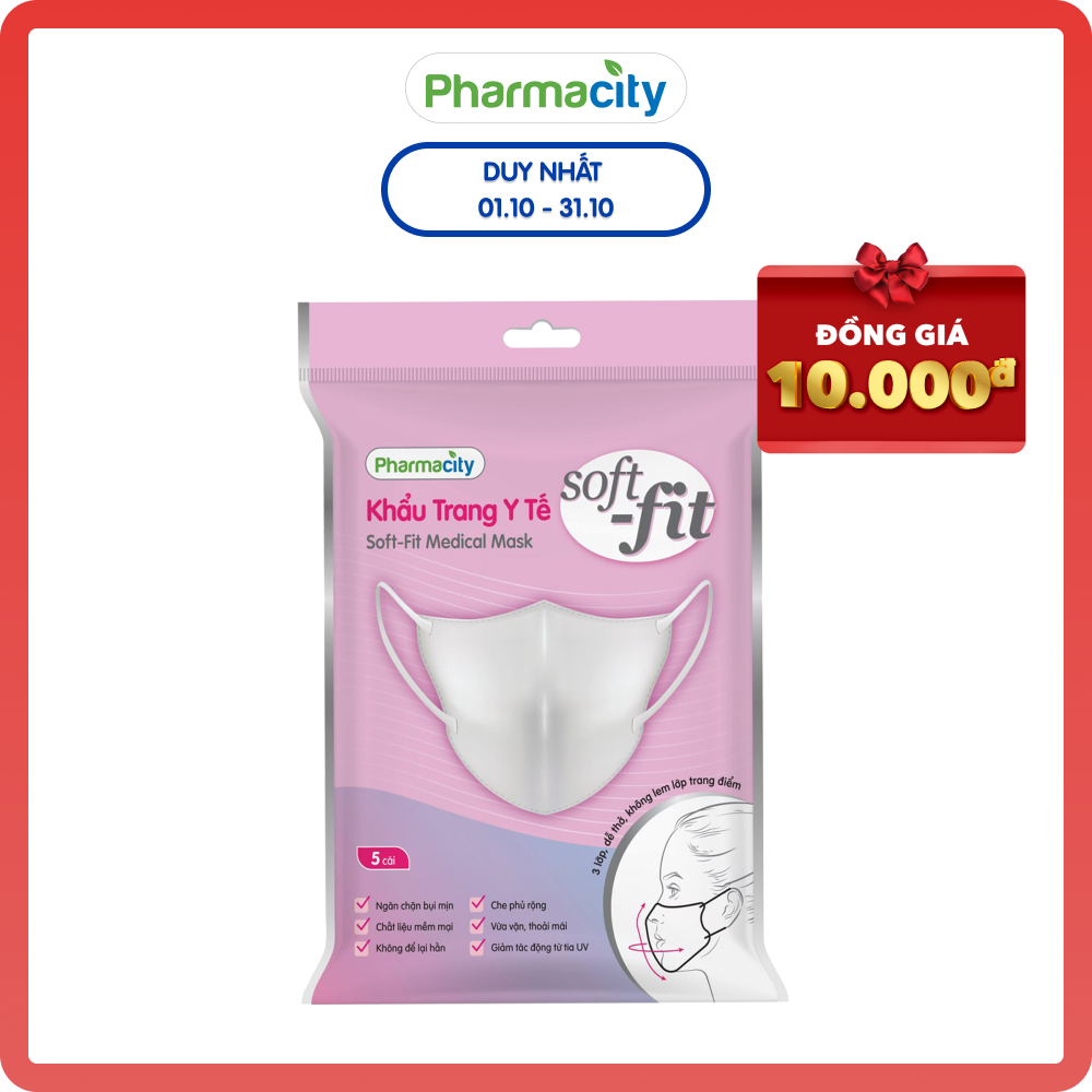 Khẩu trang Pharmacity y tế màu trắng Soft-fit (Gói 5 cái)
