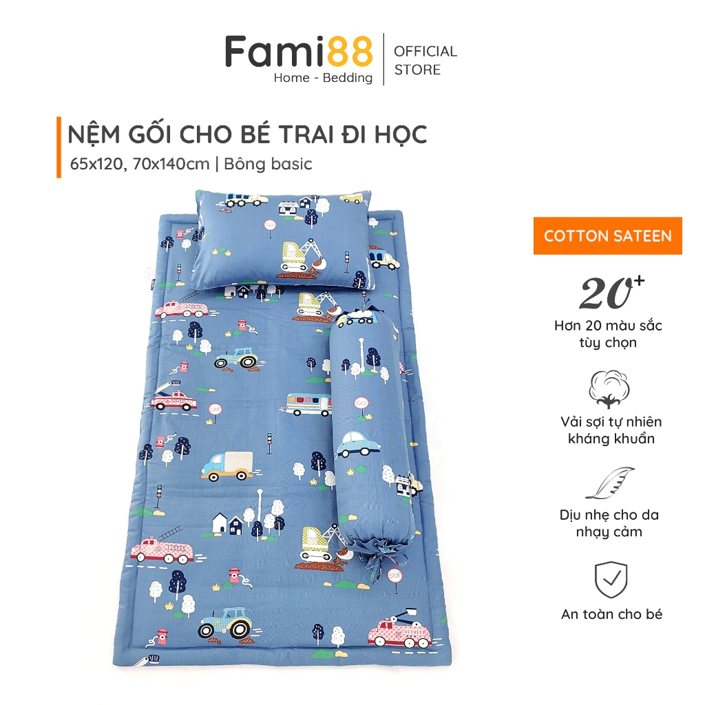 Nệm cho bé trai đi học mẫu giáo tiểu học vải Cotton Hàn Fami88 Bedding, nệm hình ô tô máy bay vũ trụ cho bé ngủ riêng.