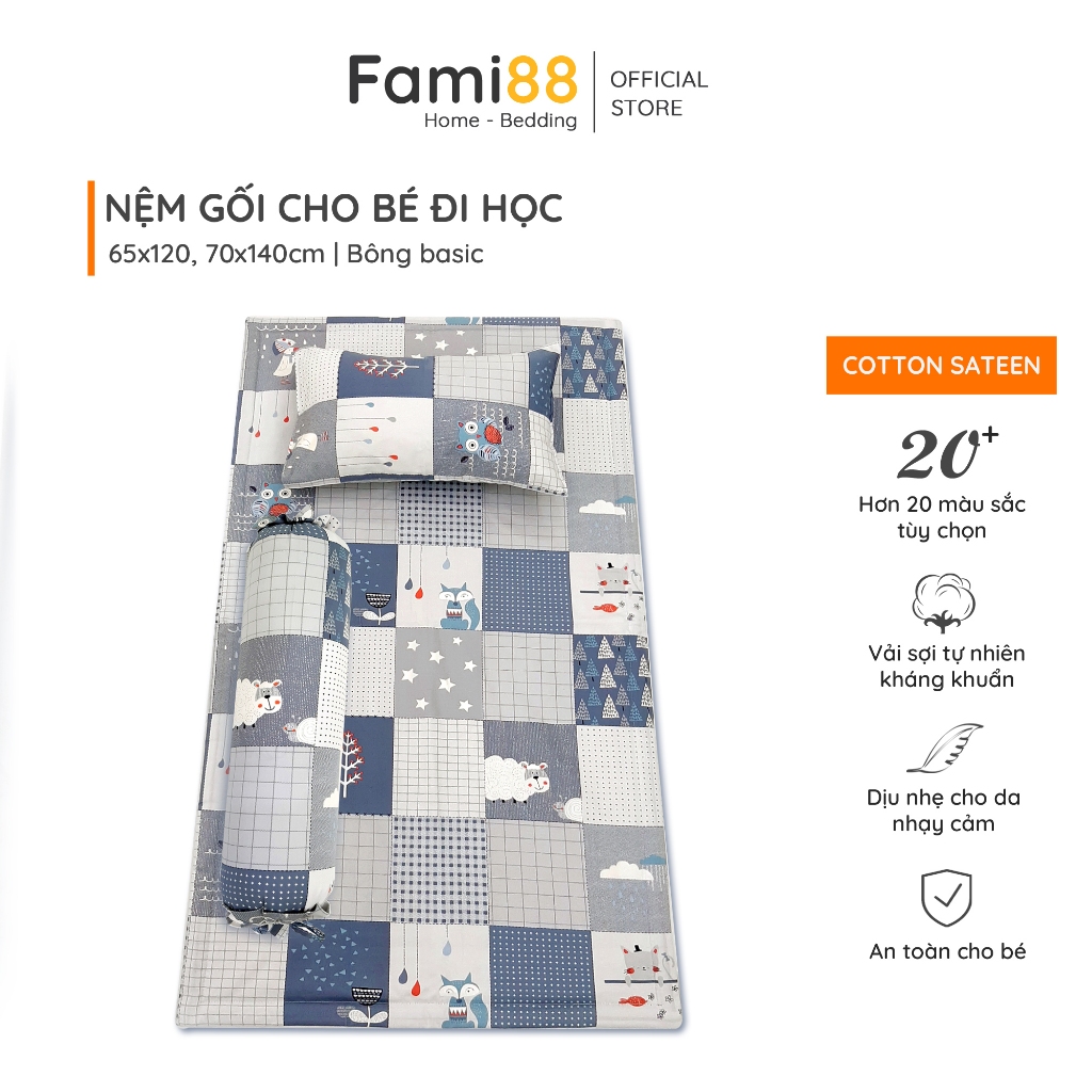 Nệm cho bé đi mẫu giáo tiểu học vải Cotton Lụa Hàn Fami88 Bedding, nệm hình thú cho bé trai bé gái đẹp ngộ nghĩnh.