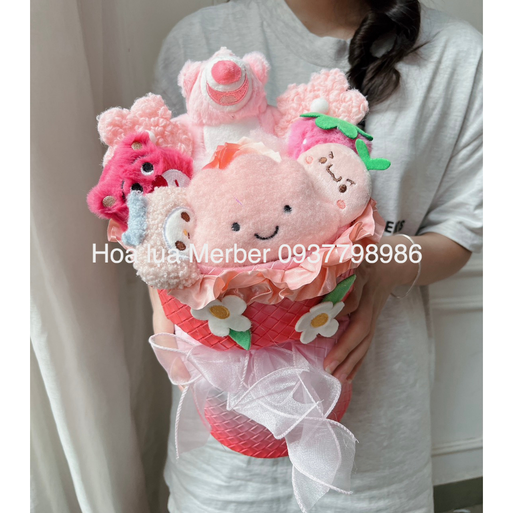 Bó Hoa Gấu Nhồi Bông Bọc Vải Mềm Mại Dễ Thương Cao Cấp Merber Có Kèm Túi & Đèn Siêu Xinh