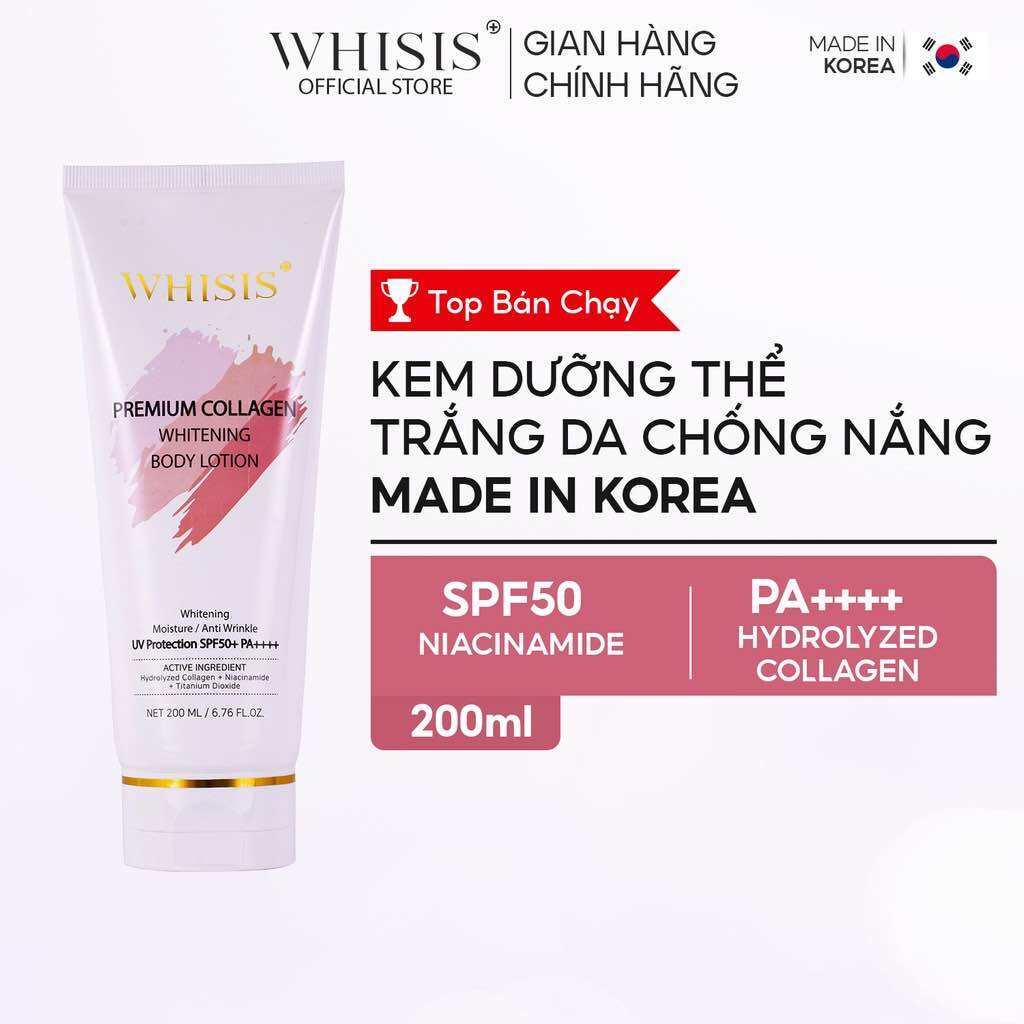 Kem Body Trắng Da Chống Nắng Nâng Tone Trắng Hồng Rạng Rỡ WHISIS Premium Collagen Whitening Body Lotion 200ml (jan)