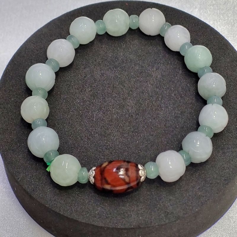 Chuỗi vòng tay lam ngọc điêu khắc hoa sen mix charm DZI Tây Tạng