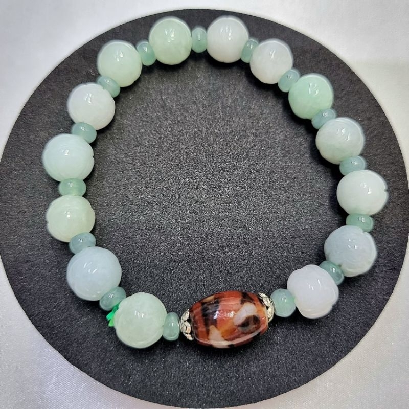 Chuỗi vòng tay lam ngọc điêu khắc hoa sen mix charm DZI Tây Tạng