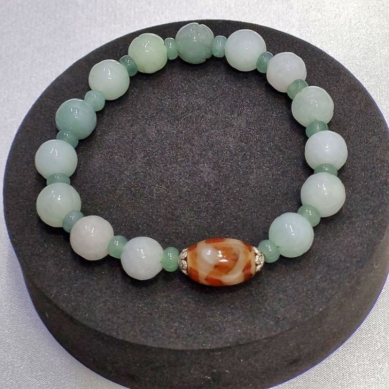 Chuỗi vòng tay lam ngọc điêu khắc hoa sen mix charm DZI Tây Tạng