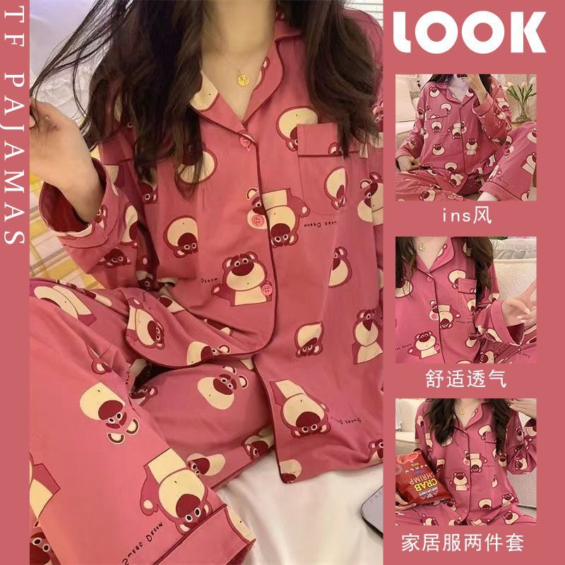 Đồ ngủ nữ pijama dài tay in hình gấu dâu siêu dễ thương hàng Quảng Châu cao cấp FIJITO