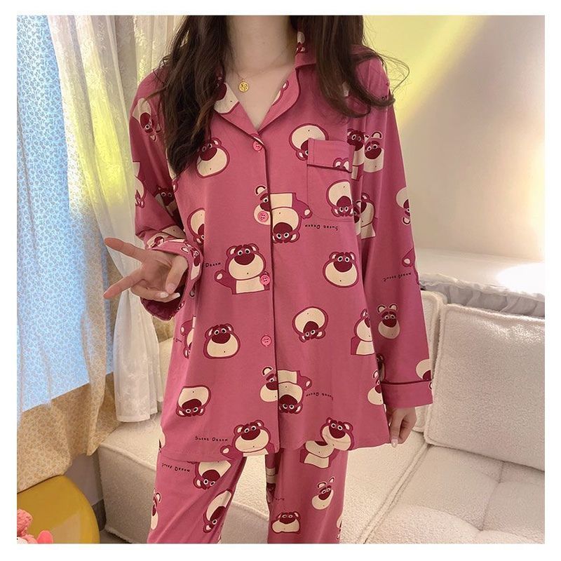 Đồ ngủ nữ pijama dài tay in hình gấu dâu siêu dễ thương hàng Quảng Châu cao cấp FIJITO