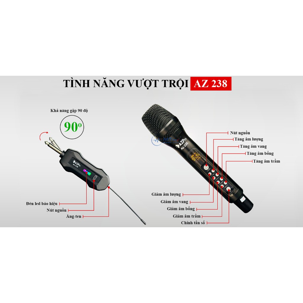 Micro Không Dây Đa Năng AZPro AZ-238 - Micro Karaoke Cao Cấp Tích Hợp Bass Treble Echo Ngay Trên Micro, Âm Thanh Mượt Mà
