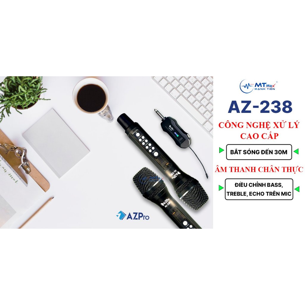 Micro Không Dây Đa Năng AZPro AZ-238 - Micro Karaoke Cao Cấp Tích Hợp Bass Treble Echo Ngay Trên Micro, Âm Thanh Mượt Mà