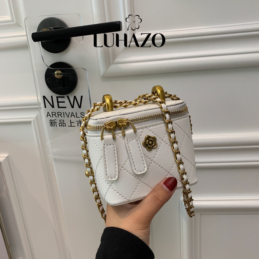 Túi xách đeo vai LUHAZO kiểu dây xích form nhỏ mini dáng hộp vuông da PU trám đính hoa trà Quảng Châu đẹp 28109 A-33