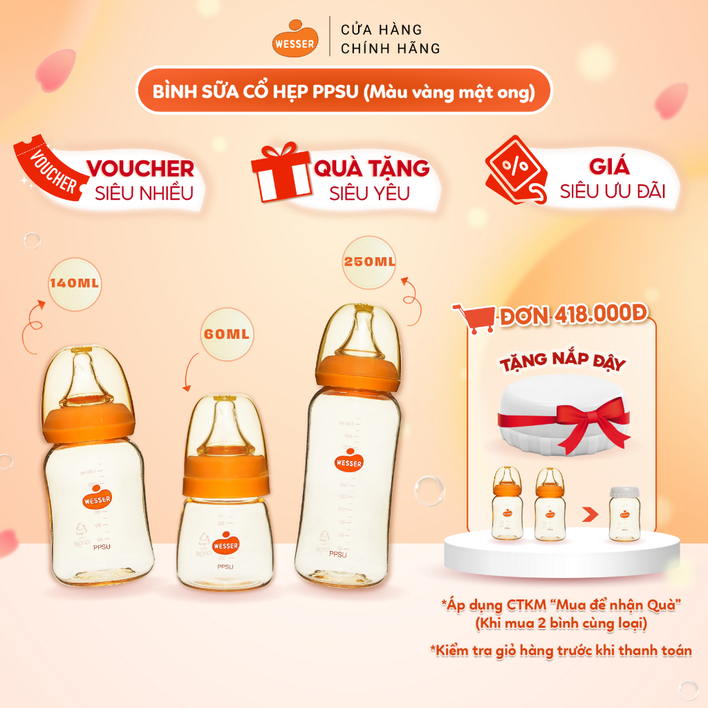 Bình sữa cổ HẸP PPSU Wesser 60ml 140ml 250ml