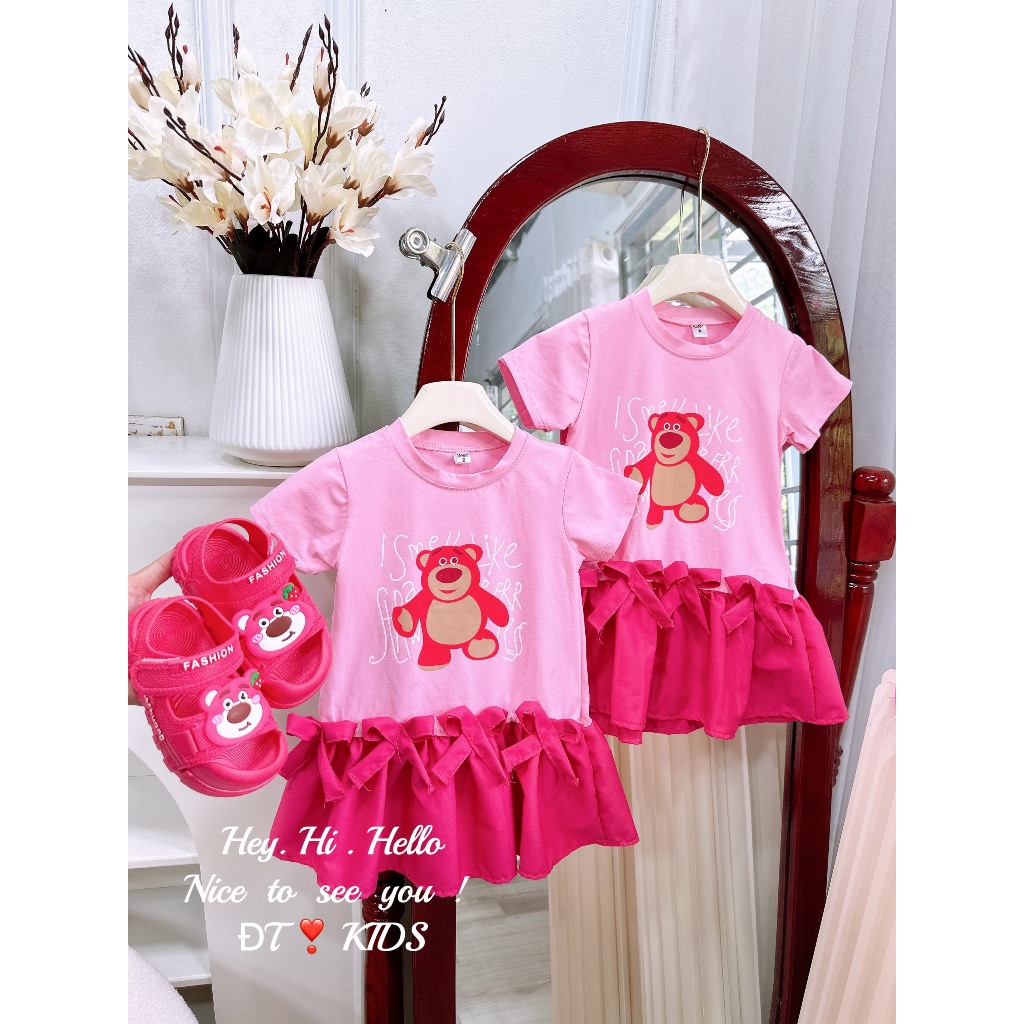 Váy gấu dâu lotso phối tay bèo xinh yêu cho bé gái