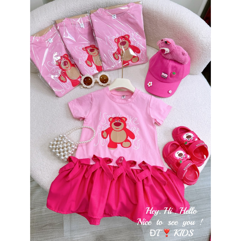 Váy gấu dâu lotso phối tay bèo xinh yêu cho bé gái