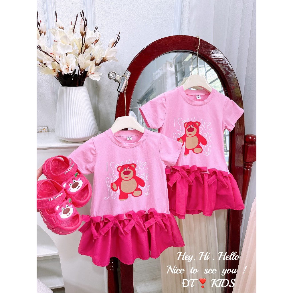 Váy gấu dâu lotso đính nơ xinh xắn cho bé gái 8-25kg