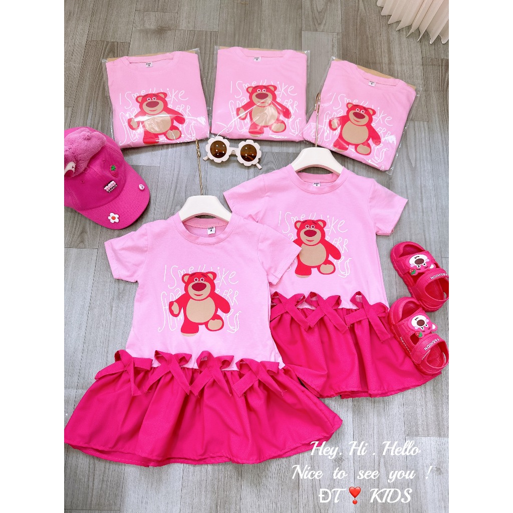 Váy gấu dâu lotso đính nơ xinh xắn cho bé gái 8-25kg