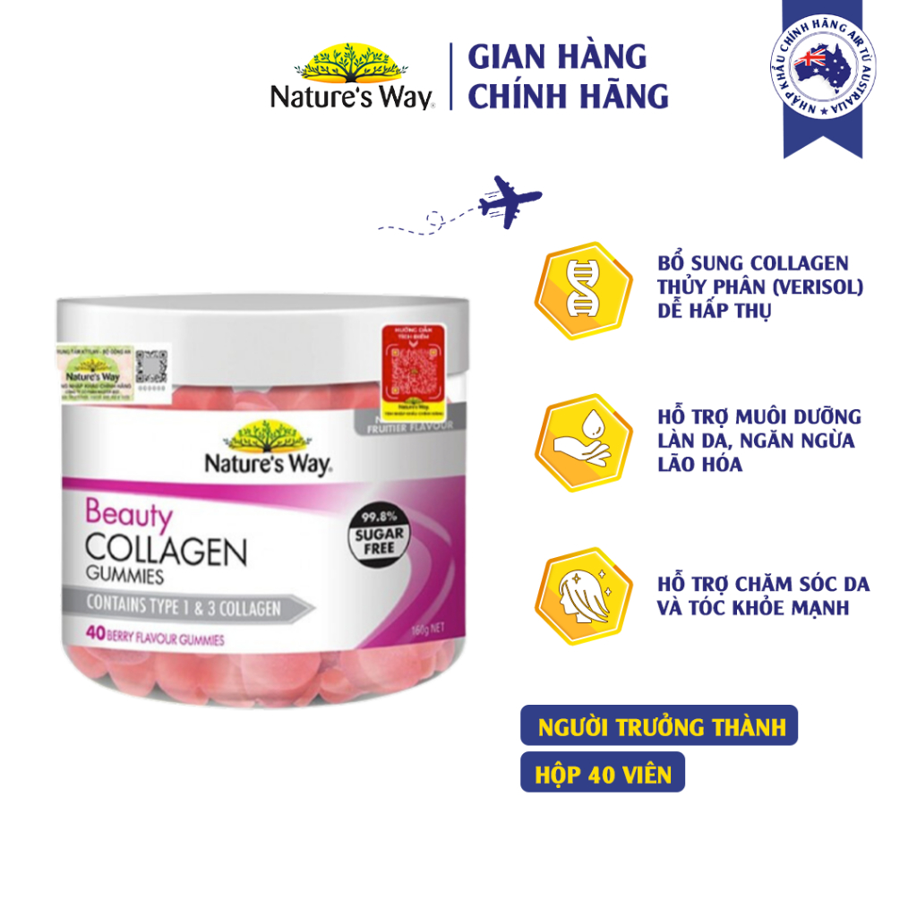 Kẹo Dẻo Collagen Beauty Gummies Nature's Way Không Chứa Đường, Bổ Sung Collagen Thủy Phân Hỗ Trợ Làm Đẹp Da Hộp 40 Viên