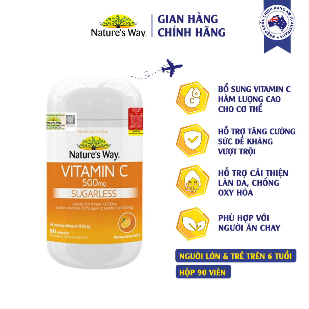 Viên Nhai Vitamin C 500mg Nature's Way Sugarless Bổ Sung Vitamin C Tăng Cường Miễn Dịch, Hỗ Trợ Làm Sáng Da Hộp 90 Viên