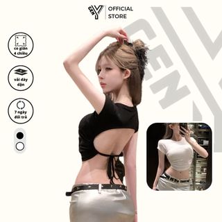 Áo nữ hở lưng GenY ngắn tay phối dây cột siêu tôn eo dáng áo croptop ôm body chất vải gân lụa mềm mại co giãn tốt C46