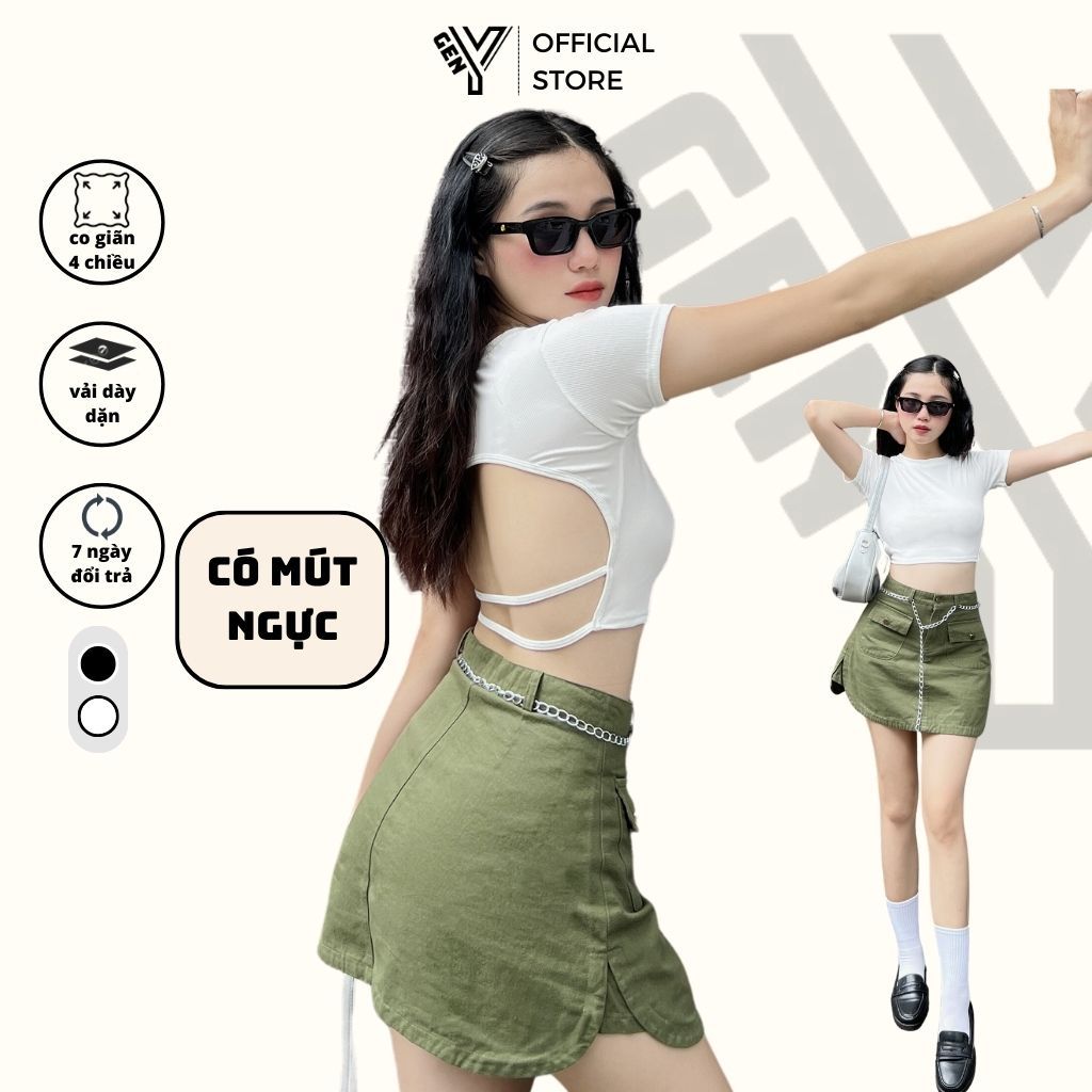 Áo thun nữ hở lưng GenY phối dây sau lưng kiểu áo croptop siêu tôn dáng chất vải gân lụa mềm mại C45