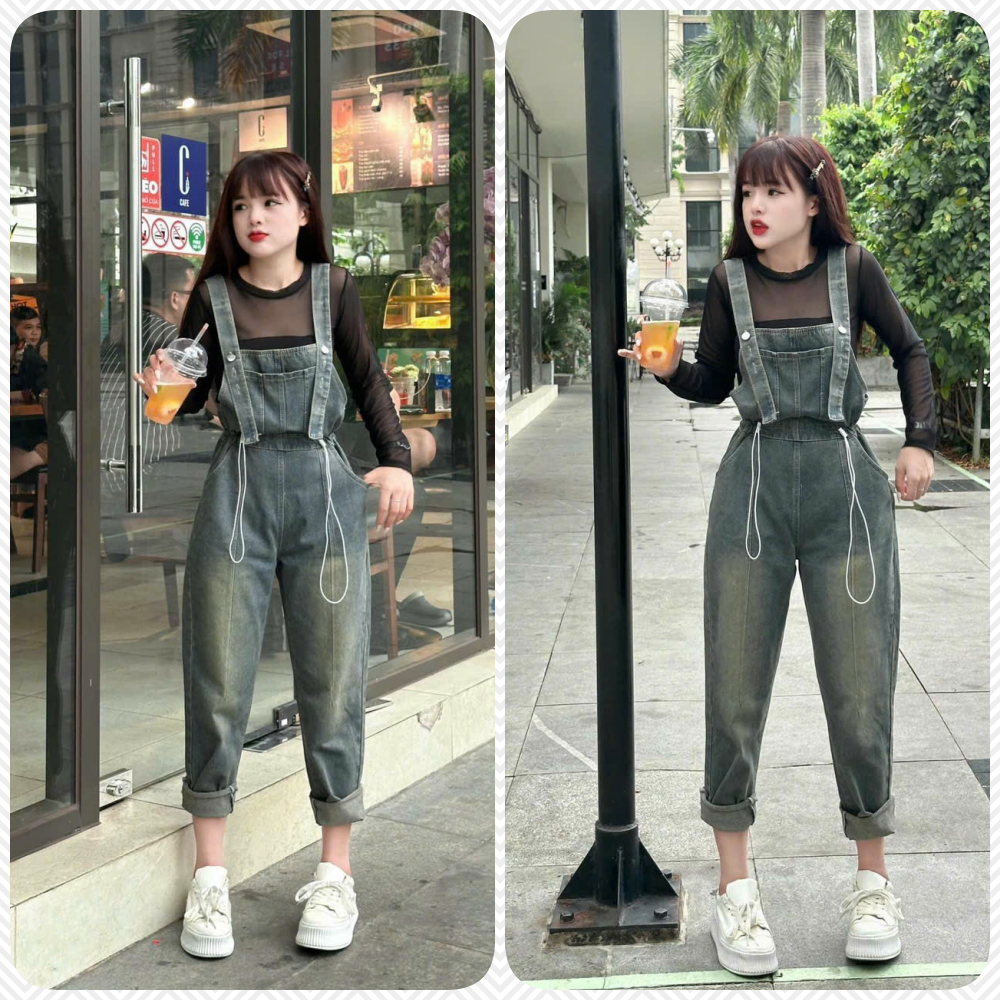 Yếm quần jean dài, yếm bò lửng dây rút eo thời trang | A&JEAN STORE