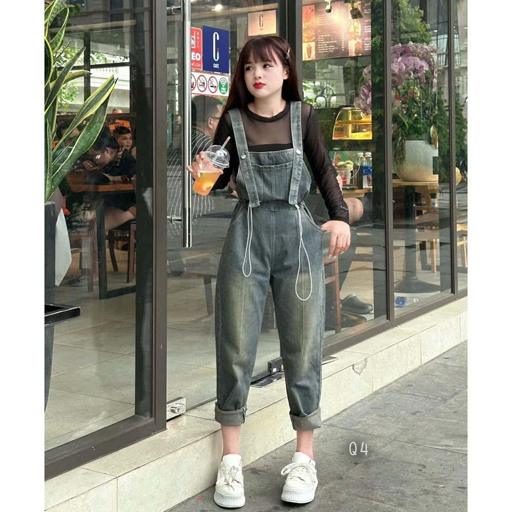 Yếm quần jean dài, yếm bò lửng dây rút eo thời trang | A&JEAN STORE