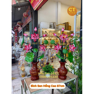 Bình sen gỗ sơn sen hồng lá xanh
