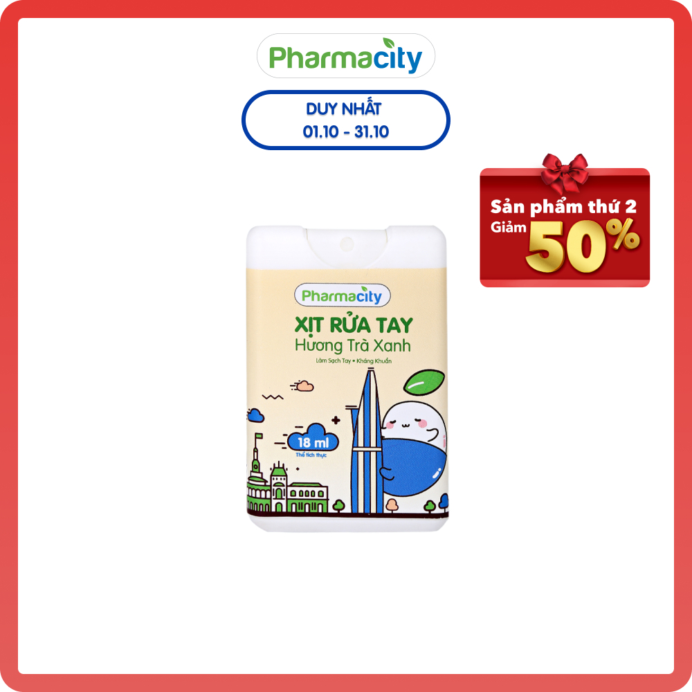 Xịt Pharmcity dung dịch rửa tay hương trà xanh chai 18ml