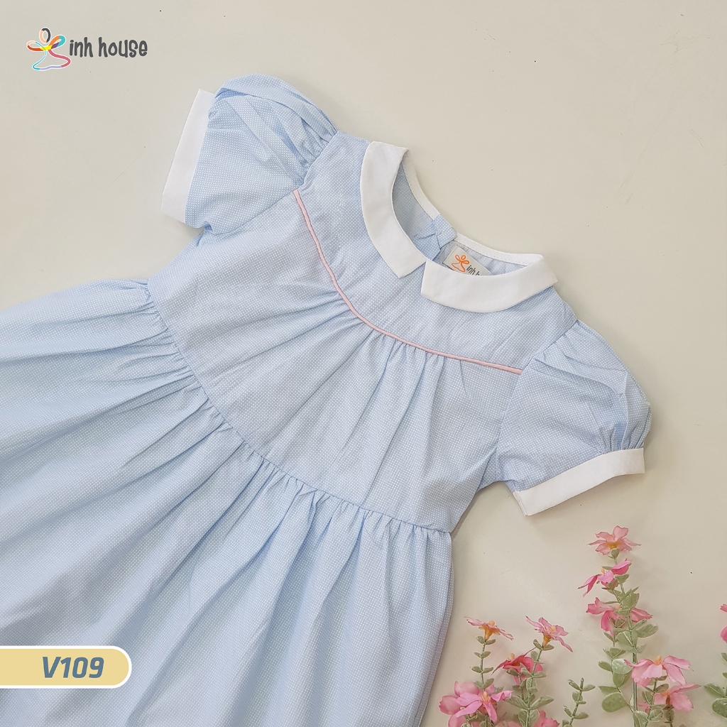 V109_Váy trẻ em Cotton Xinh House Dáng Suông Phối Viền Hồng Cho Bé Gái