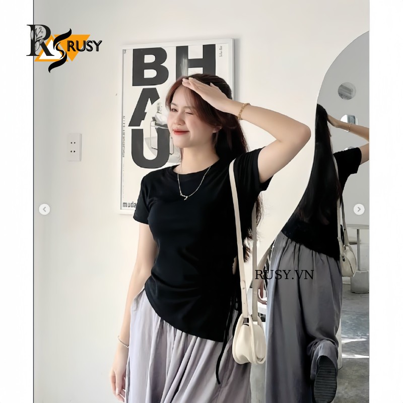 Áo Thun Khoét Bên Eo Vạt Nhọn , Áo Cộc Tay Rút Dây ￼Khoét Eo Chun Thắt Dây Phong Cách Hàn Quốc Rusy