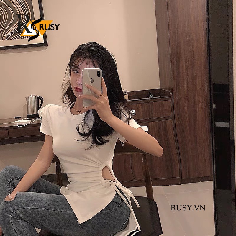 Áo Thun Khoét Bên Eo Vạt Nhọn , Áo Cộc Tay Rút Dây ￼Khoét Eo Chun Thắt Dây Phong Cách Hàn Quốc Rusy