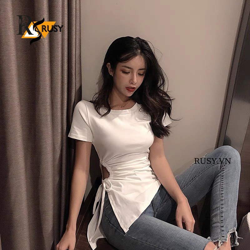 Áo Thun Khoét Bên Eo Vạt Nhọn , Áo Cộc Tay Rút Dây ￼Khoét Eo Chun Thắt Dây Phong Cách Hàn Quốc Rusy