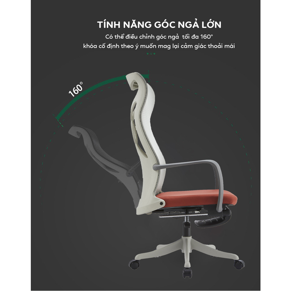Ghế làm việc công thái học có gác chân, Ghế xoay văn phòng, lưng lưới, ngả lưng 160 độ, vải lưới thoáng khí