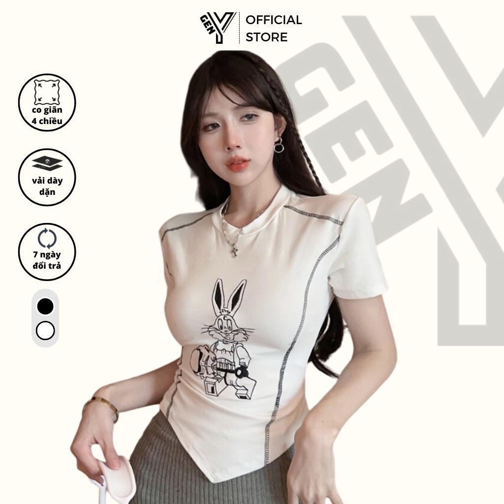Áo baby tee ôm body GenY vạt nhọn tay lỡ in hình thỏ cute phối viền xéo tôn dáng cực xinh 2 màu trắng đen BB6