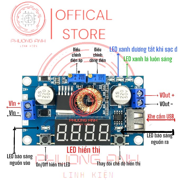 Mạch Hạ áp, Giảm áp DC-DC 5A XL4015 | XL4015E có LED hiển thị điện áp Bản 2 nút bấm điều chỉnh