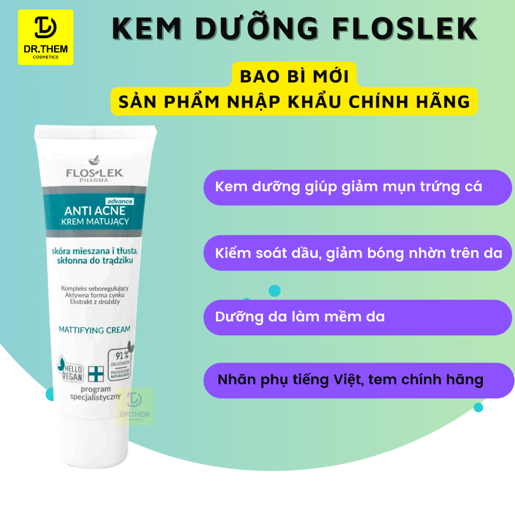 Kem Dưỡng Floslek Anti Acne Mattifying Cream 50ml - Kiểm Soát Dầu Mụn và Điều Tiết Nhờn