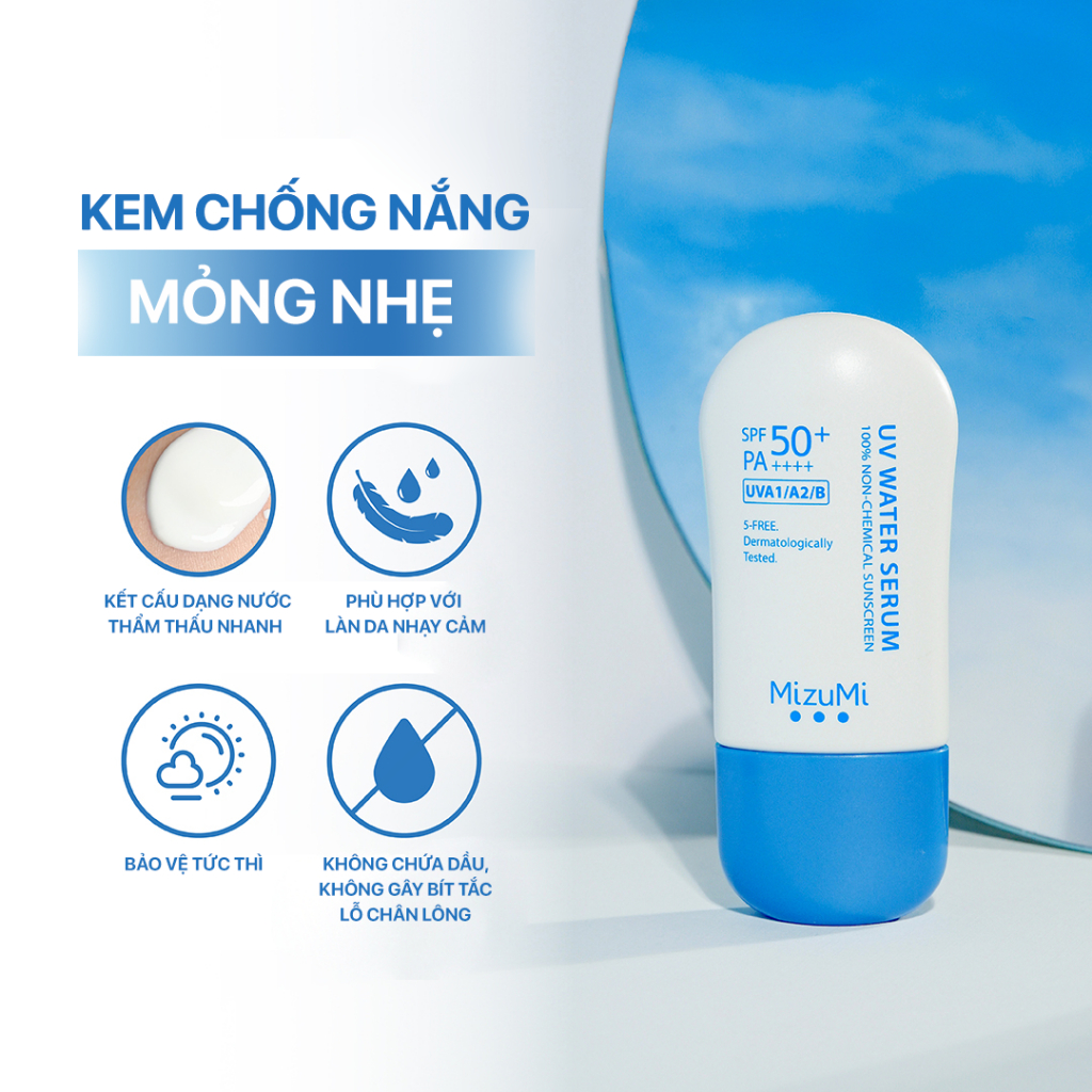 MizuMi Serum chống nắng cho da nhạy cảm UV Water Serum SPF 50+ PA++++ 8 g và 40g